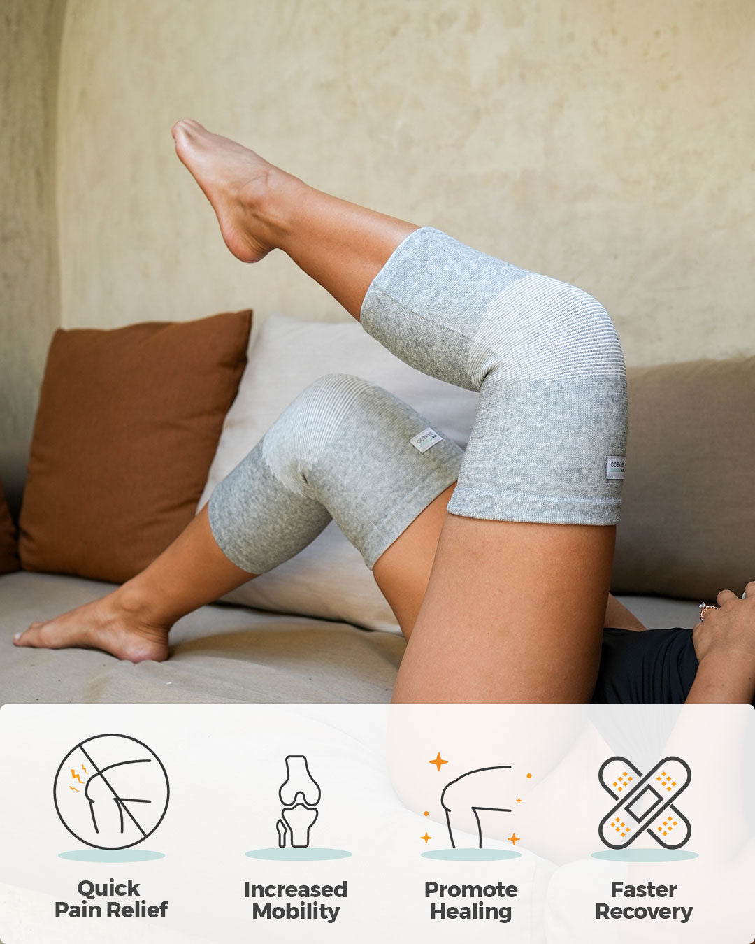 Knee sleeves in use with benefit icons